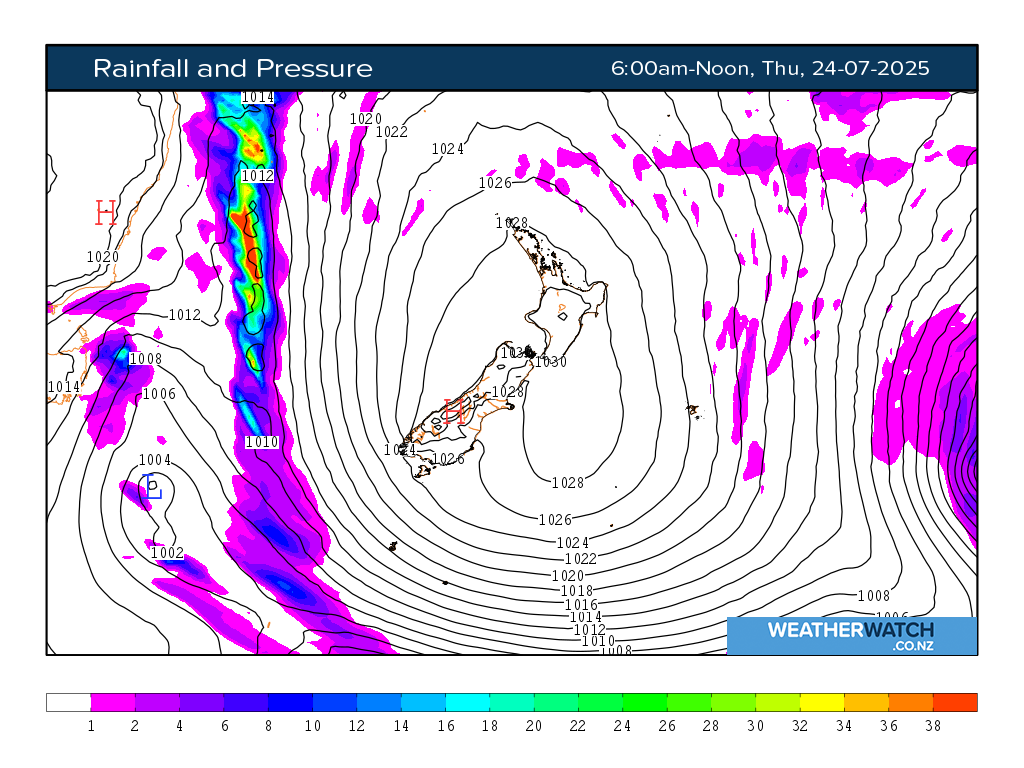 Rainfall and pressure for 6:01am on Thu 24 July 2025