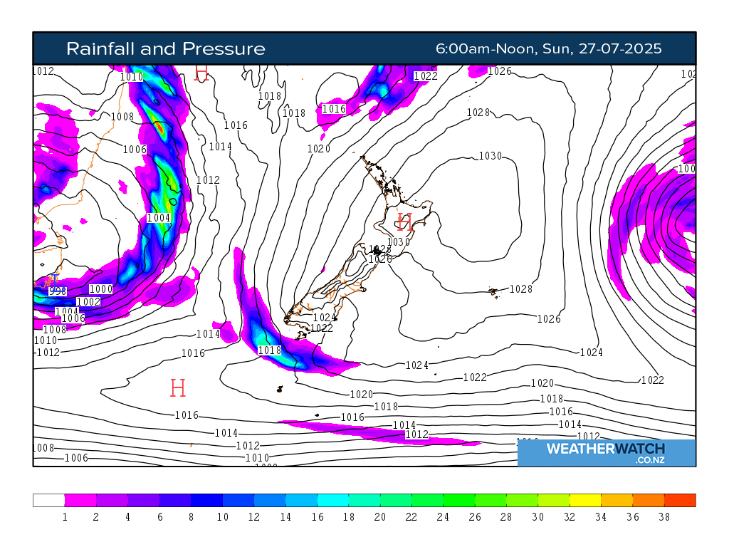 Rainfall and pressure for 6:01am on Sun 27 July 2025