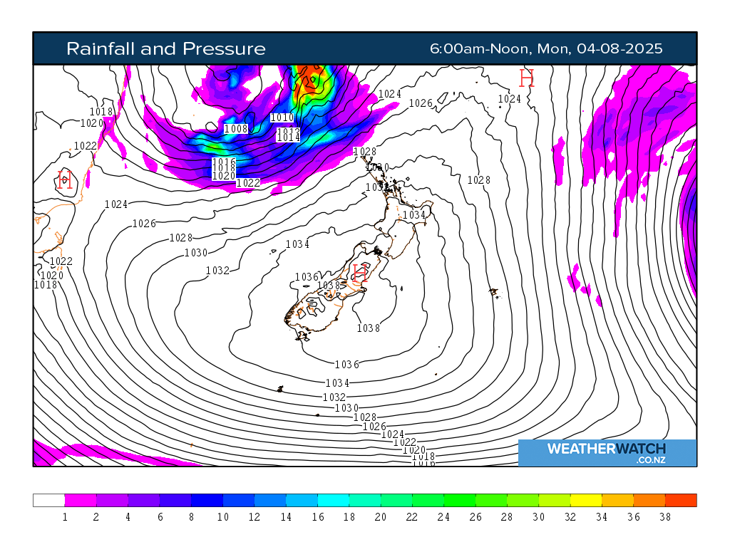 Rainfall and pressure for 6:01am on Mon 4 August 2025