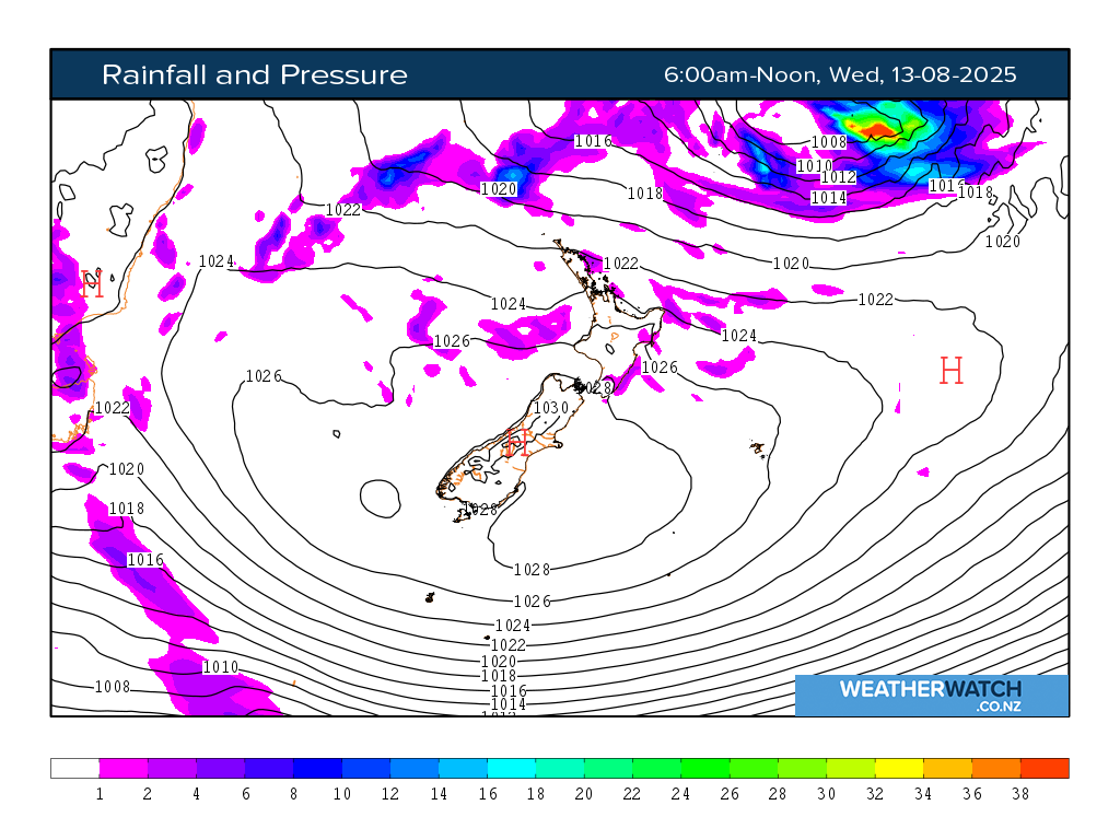 Rainfall and pressure for 6:01am on Wed 13 August 2025