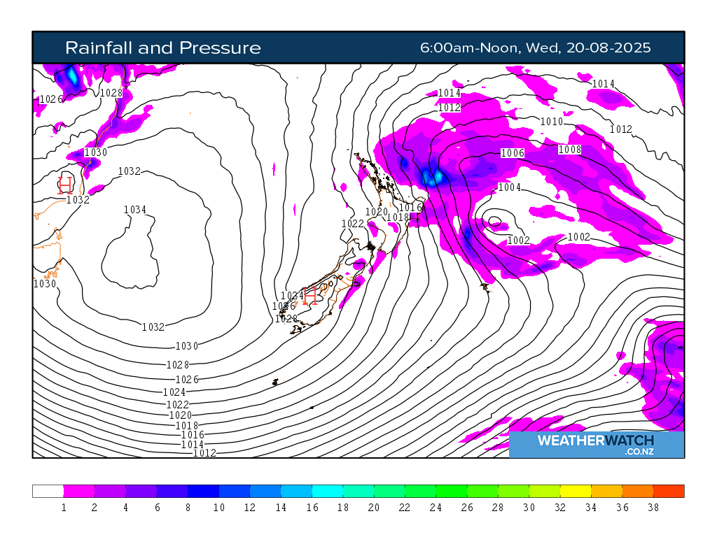 Rainfall and pressure for 6:01am on Wed 20 August 2025