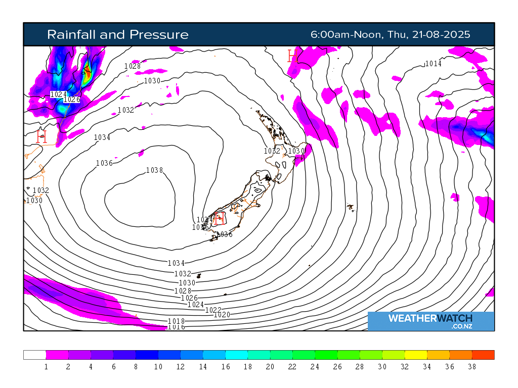 Rainfall and pressure for 6:01am on Thu 21 August 2025