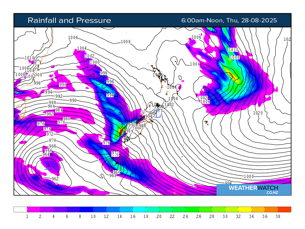 Rainfall and pressure for 6:01am on Thu 28 August 2025
