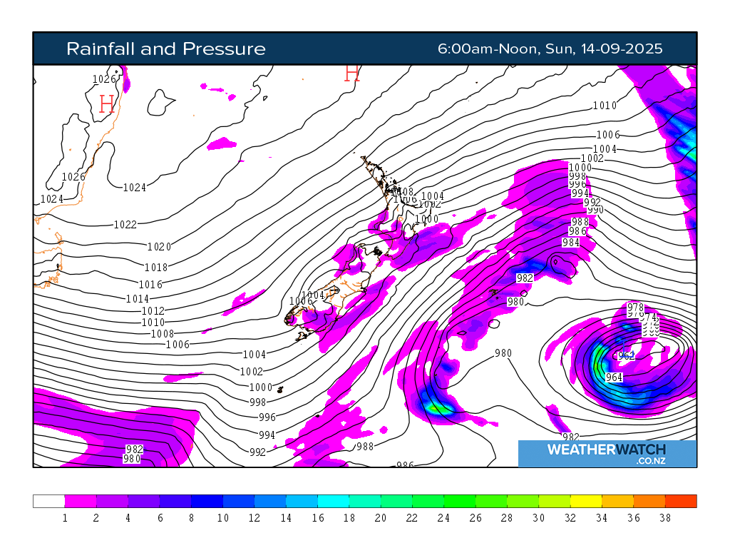 Rainfall and pressure for 6:01am on Sun 14 September 2025
