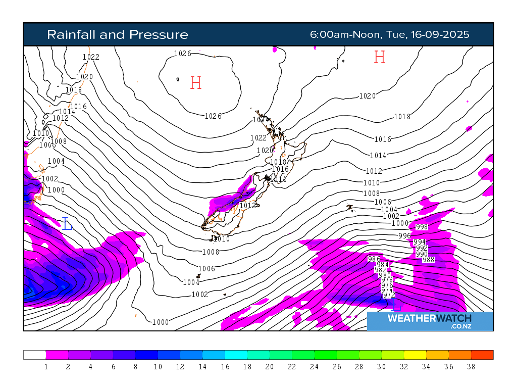 Rainfall and pressure for 6:01am on Tue 16 September 2025