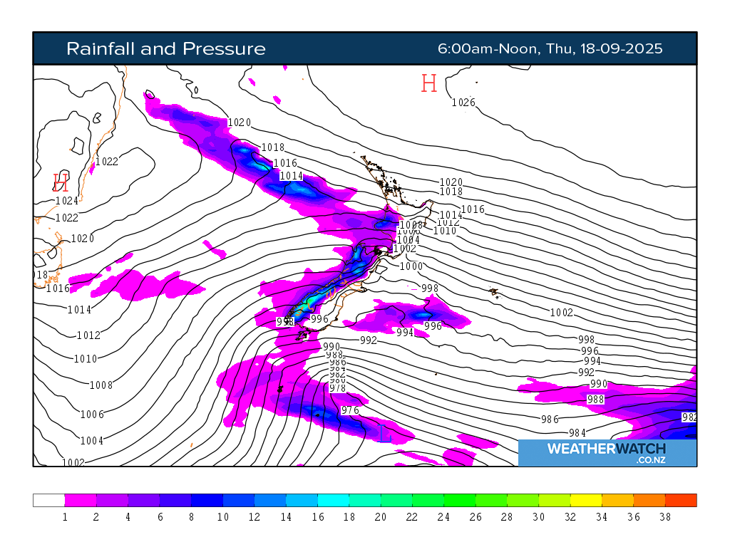 Rainfall and pressure for 6:01am on Thu 18 September 2025