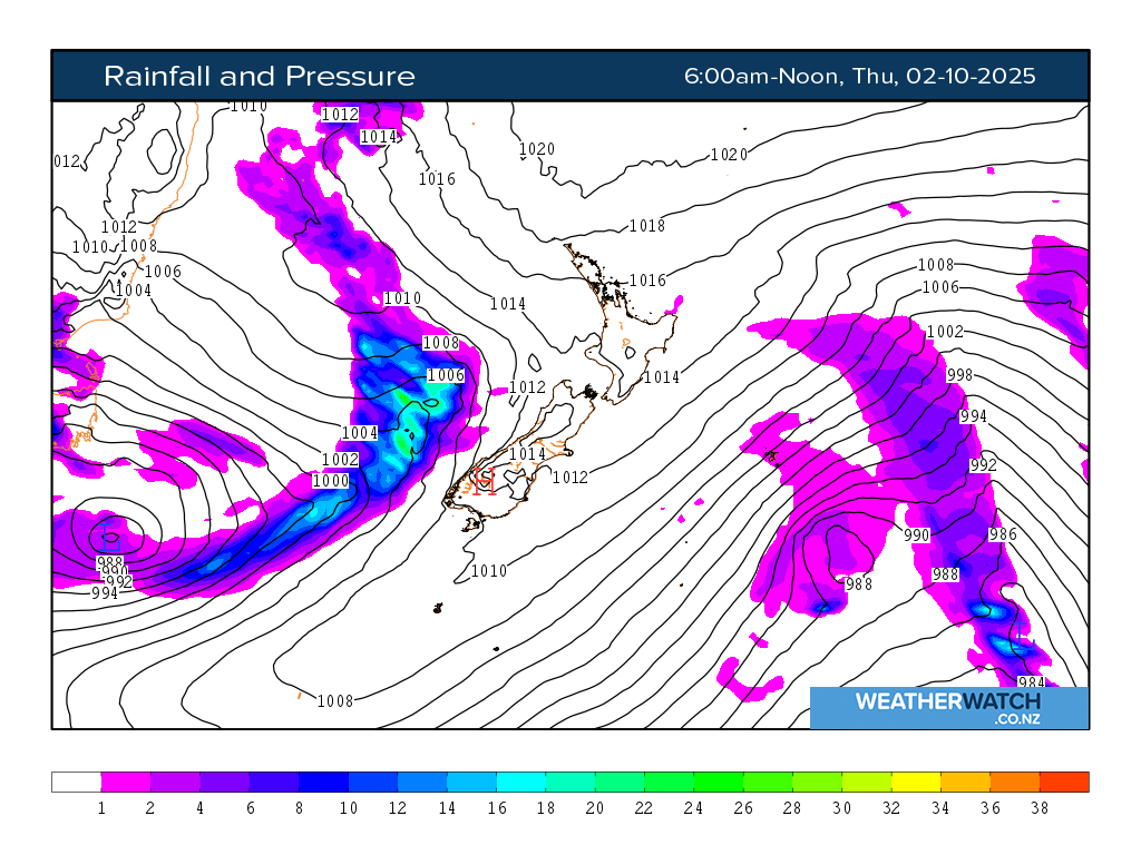 Rainfall and pressure for 7:01am on Thu 2 October 2025