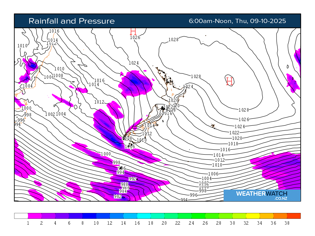 Rainfall and pressure for 7:01am on Thu 9 October 2025