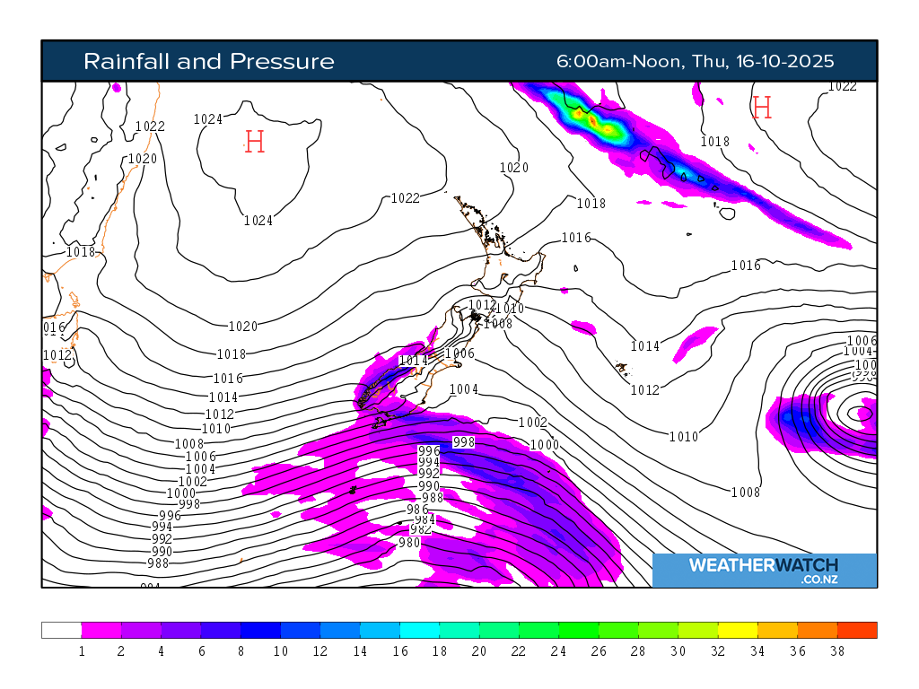 Rainfall and pressure for 7:01am on Thu 16 October 2025