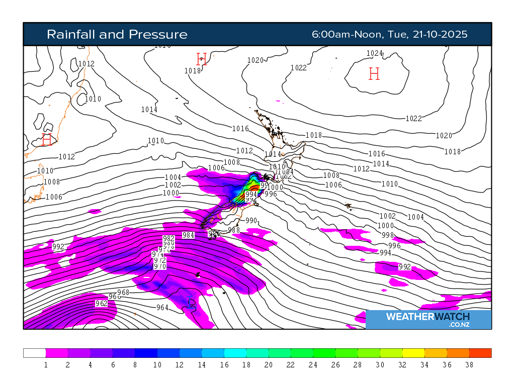 Rainfall and pressure for 7:01am on Tue 21 October 2025