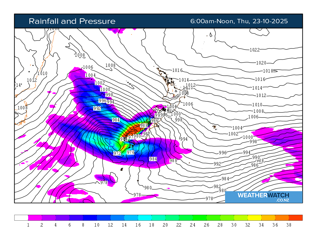 Rainfall and pressure for 7:01am on Thu 23 October 2025