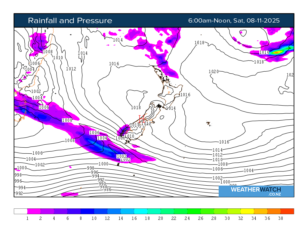 Rainfall and pressure for 7:01am on Sat 8 November 2025