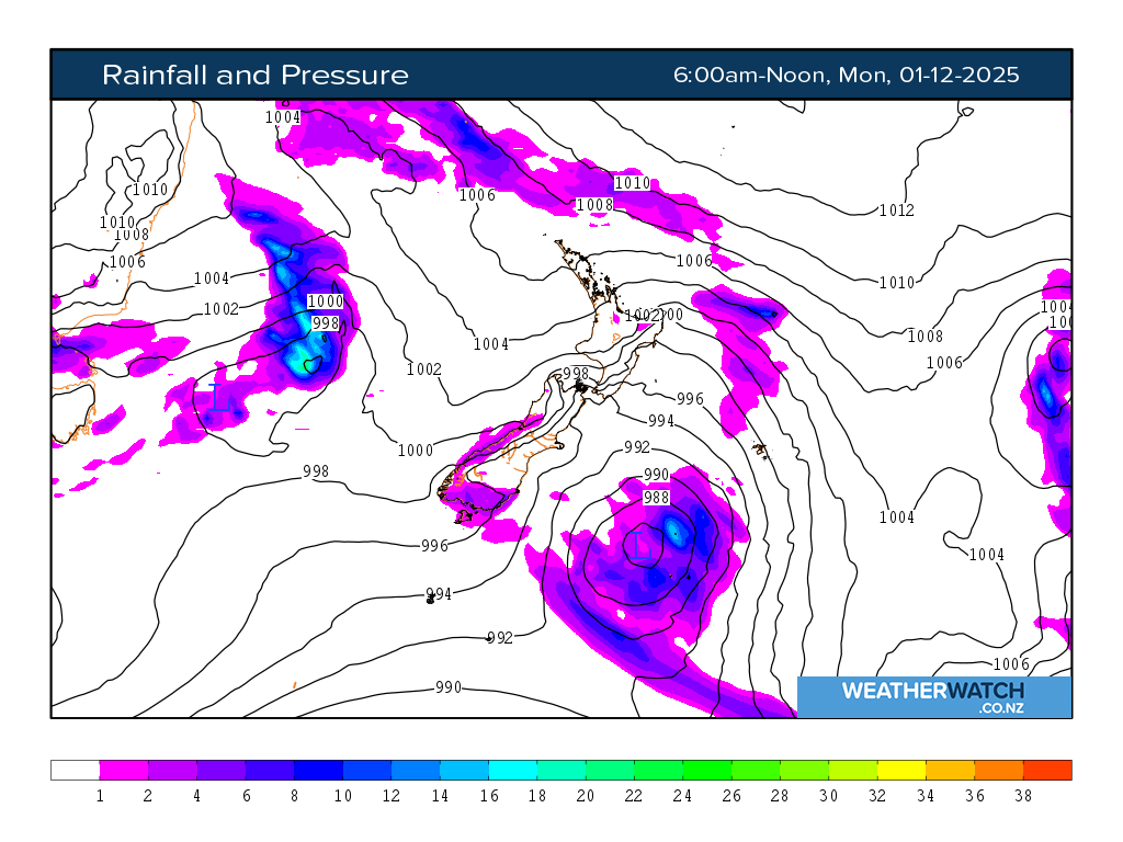Rainfall and pressure for 7:01am on Mon 1 December 2025