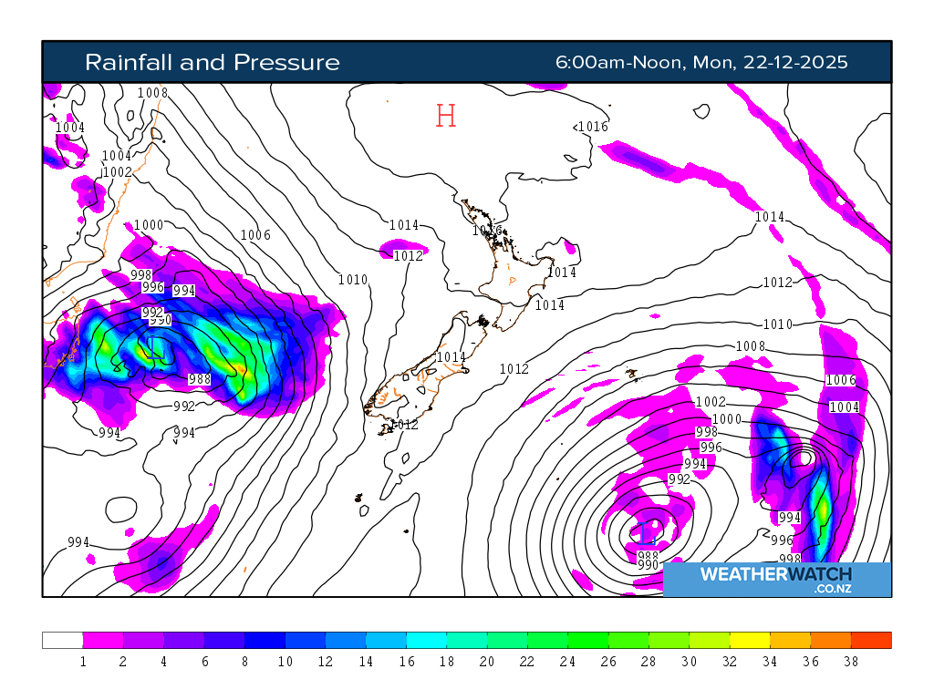 Rainfall and pressure for 7:01am on Mon 22 December 2025