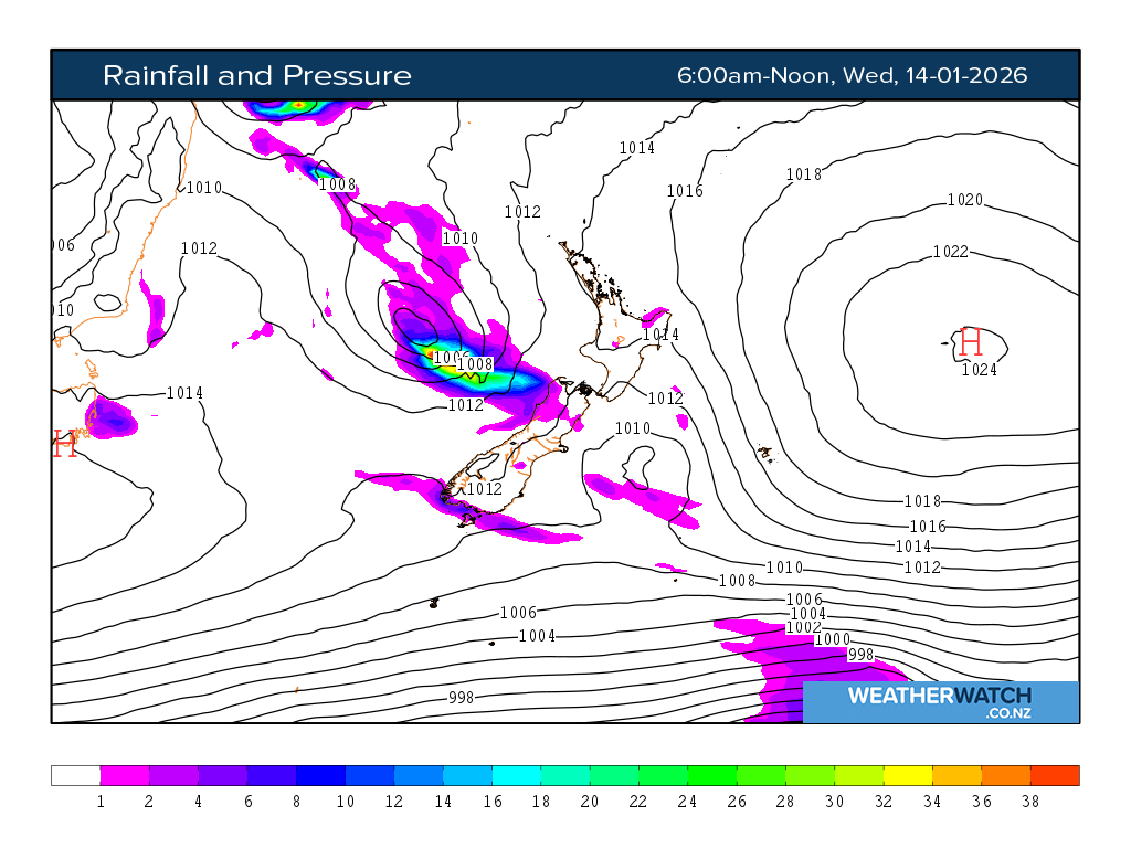 Rainfall and pressure for 7:01am on Wed 14 January 2026