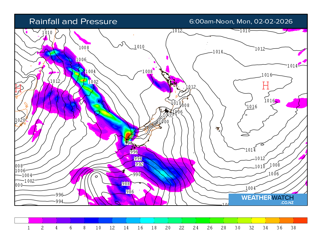 Rainfall and pressure for 7:01am on Mon 2 February 2026