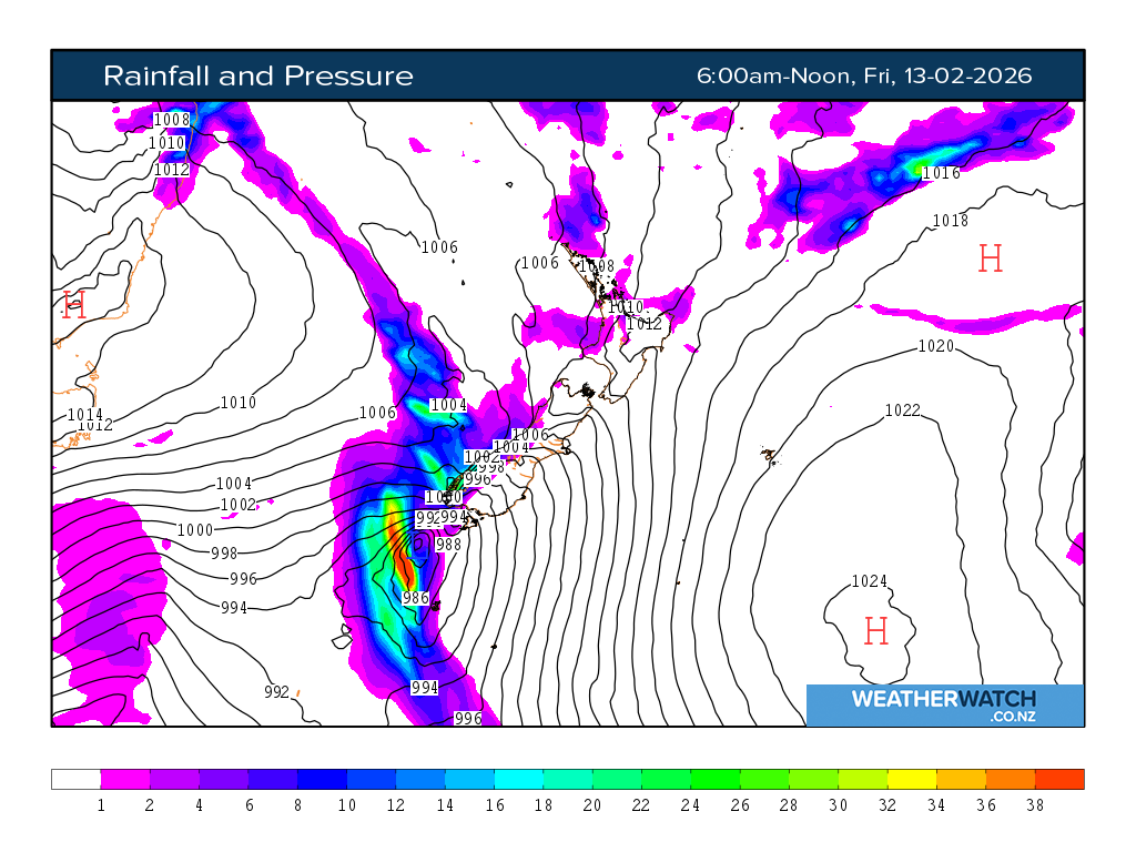 Rainfall and pressure for 7:01am on Fri 13 February 2026