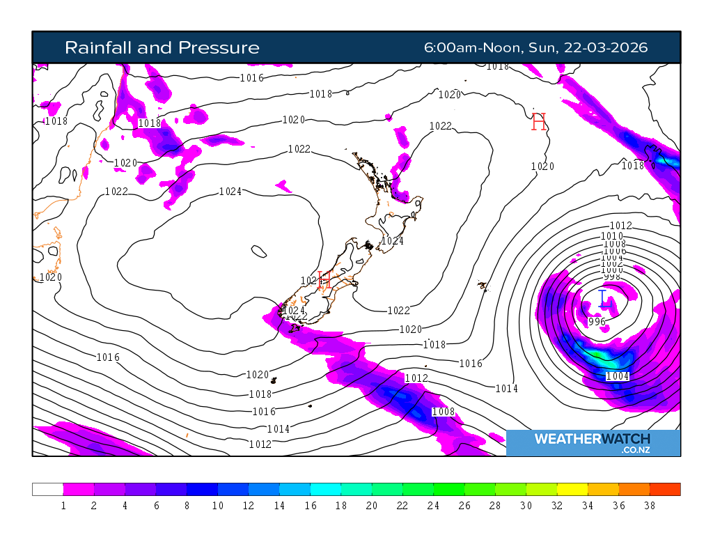 Rainfall and pressure for 7:01am on Sun 22 March 2026