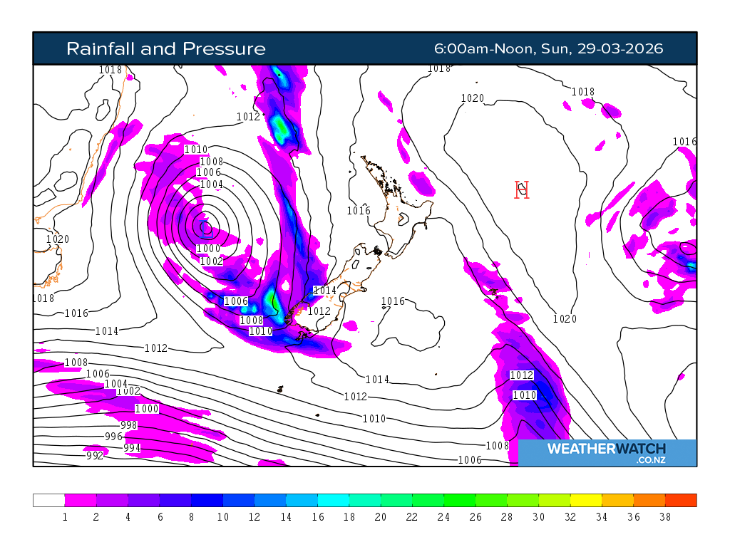 Rainfall and pressure for 7:01am on Sun 29 March 2026