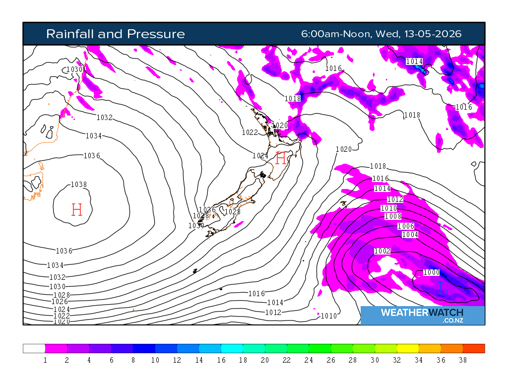 Rainfall and pressure for 6:01am on Wed 13 May 2026