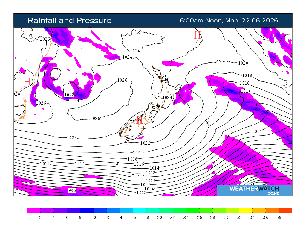 Rainfall and pressure for 6:01am on Mon 22 June 2026
