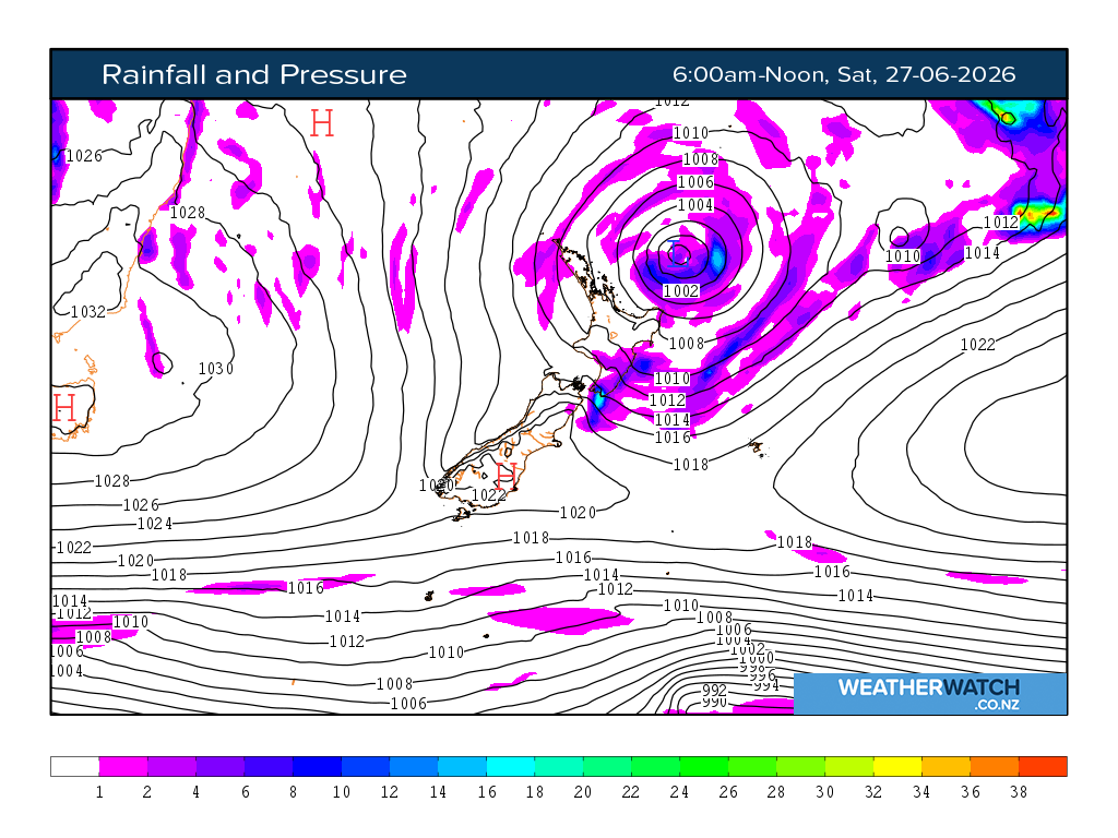 Rainfall and pressure for 6:01am on Sat 27 June 2026