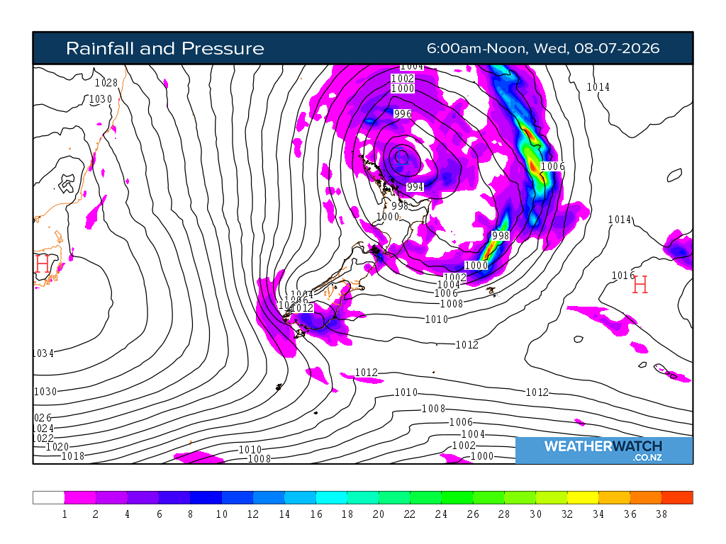 Rainfall and pressure for 6:01am on Wed 8 July 2026