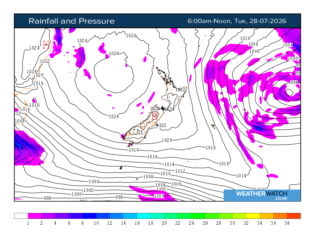 Rainfall and pressure for 6:01am on Tue 28 July 2026