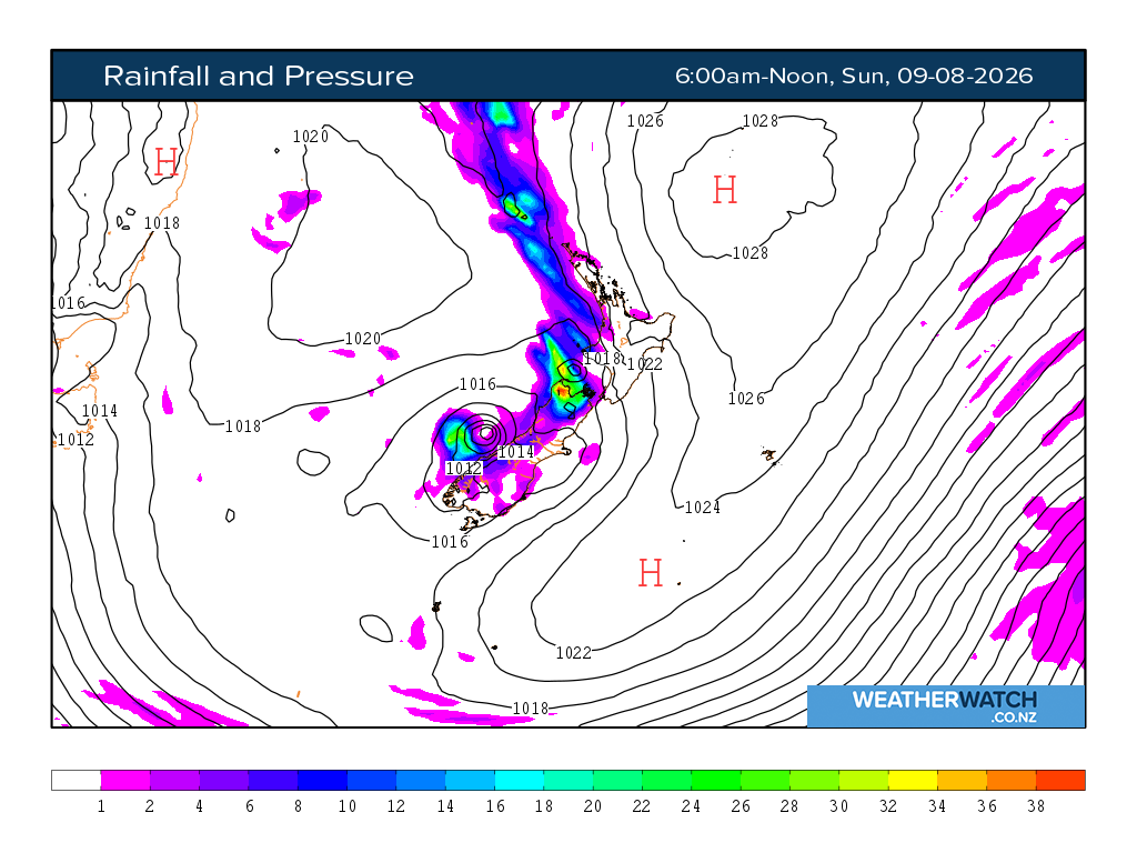 Rainfall and pressure for 6:01am on Sun 9 August 2026