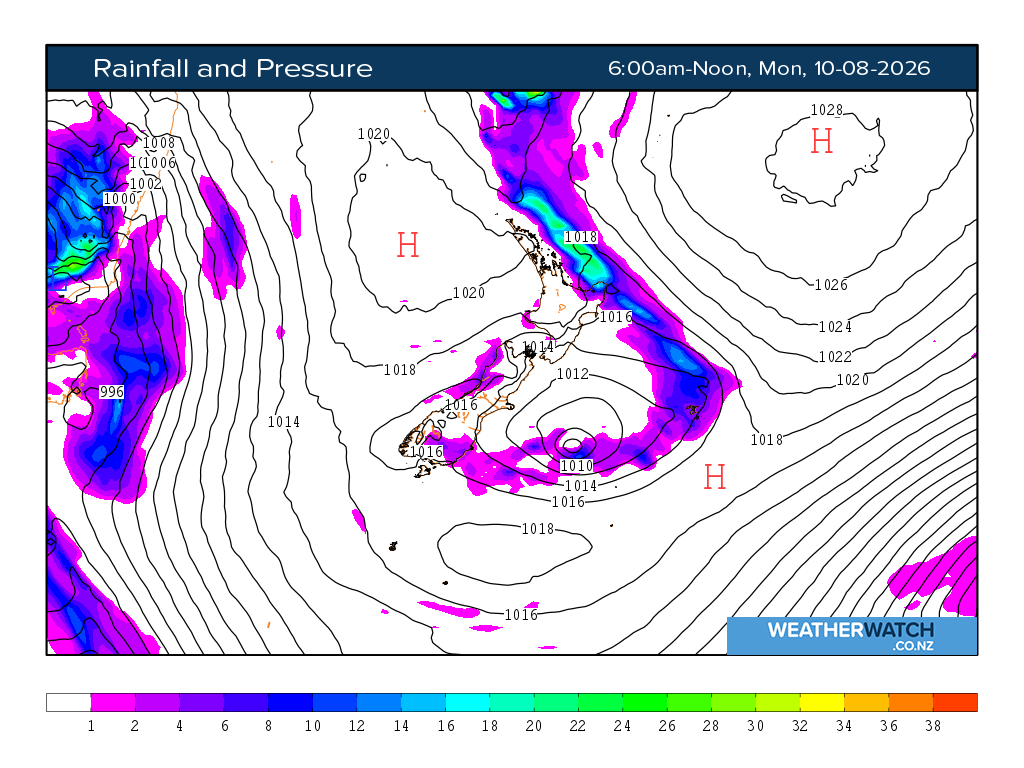 Rainfall and pressure for 6:01am on Mon 10 August 2026