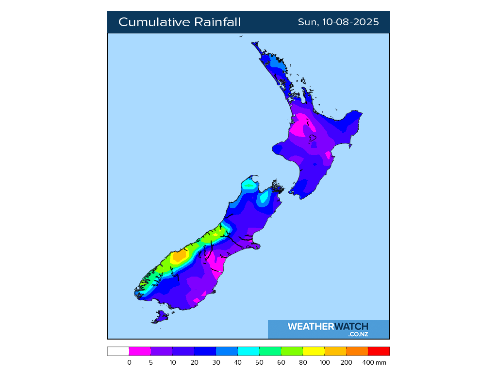 Cumulative rainfall for 6:01am on Sun 10 August 2025