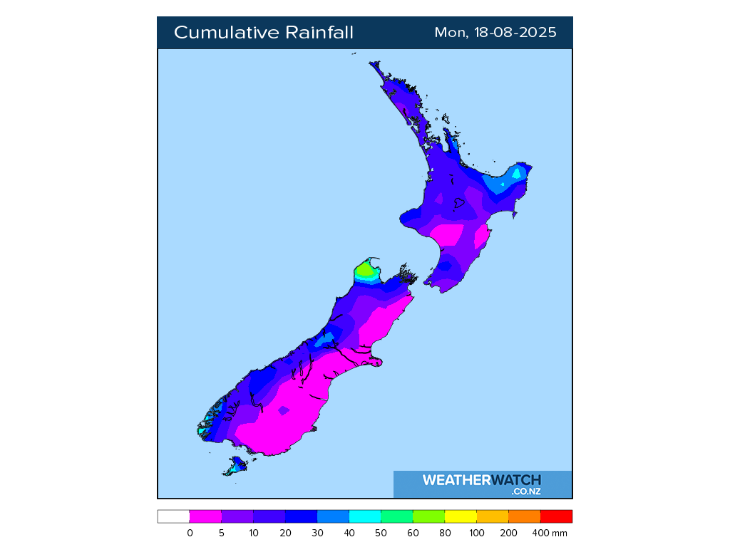 Cumulative rainfall for 6:01am on Mon 18 August 2025