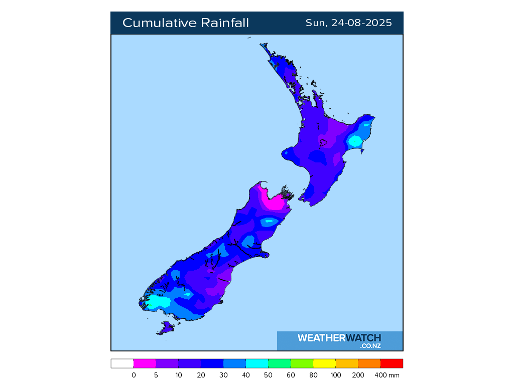 Cumulative rainfall for 6:01am on Sun 24 August 2025