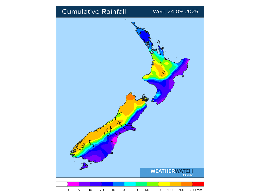 Cumulative rainfall for 7:01am on Wed 24 September 2025