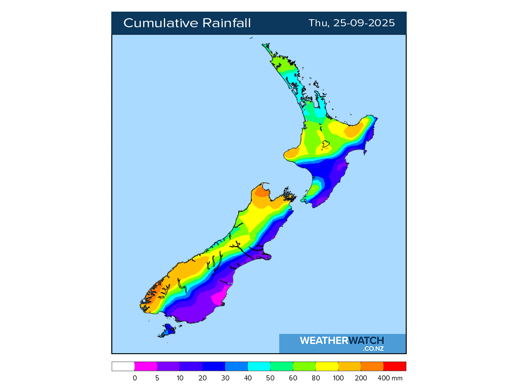 Cumulative rainfall for 7:01am on Thu 25 September 2025