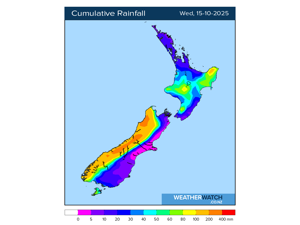 Cumulative rainfall for 7:01am on Wed 15 October 2025