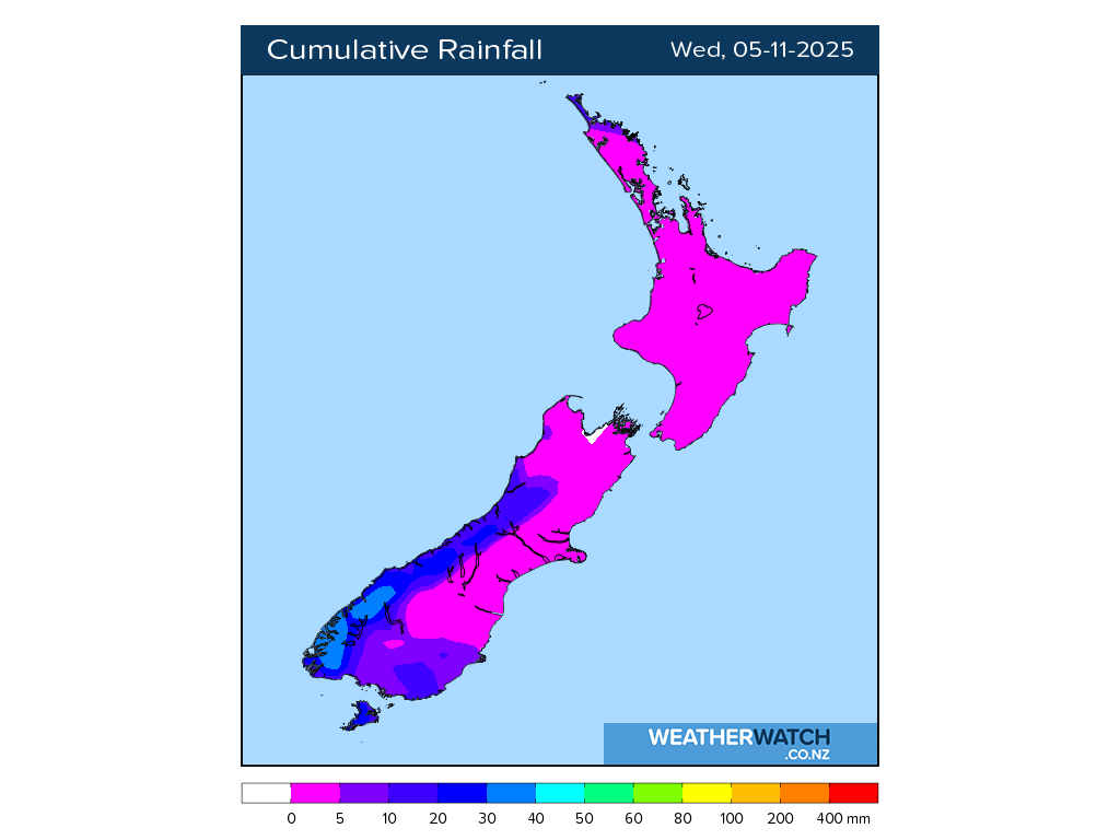 Cumulative rainfall for 7:01am on Wed 5 November 2025
