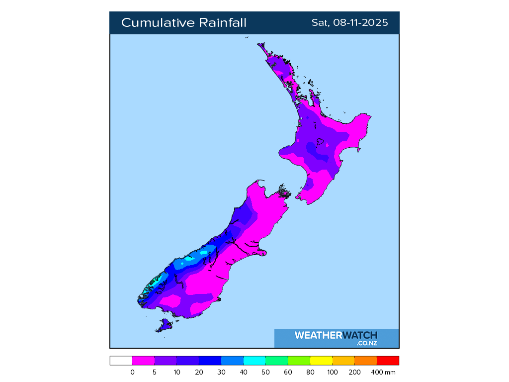 Cumulative rainfall for 7:01am on Sat 8 November 2025