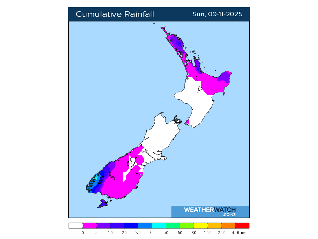 Cumulative rainfall for 7:01am on Sun 9 November 2025