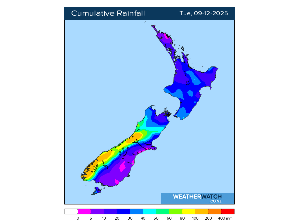 Cumulative rainfall for 7:01am on Tue 9 December 2025