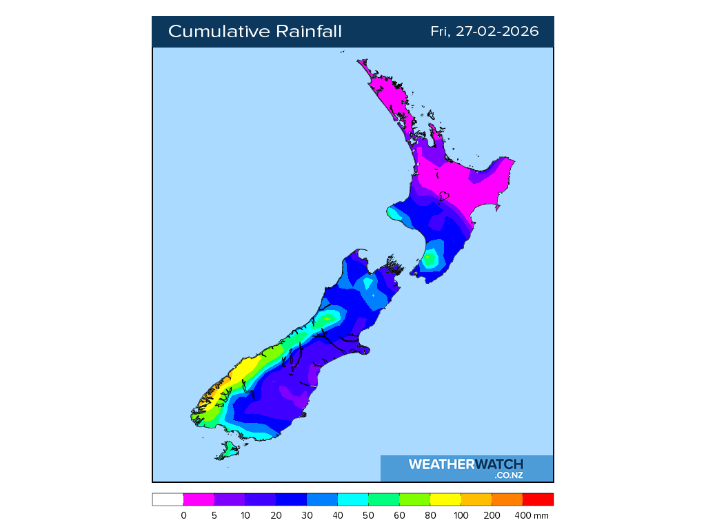 Cumulative rainfall for 7:01am on Fri 27 February 2026