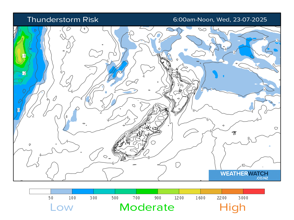 Thunderstorm risk for 6:01am on Wed 23 July 2025