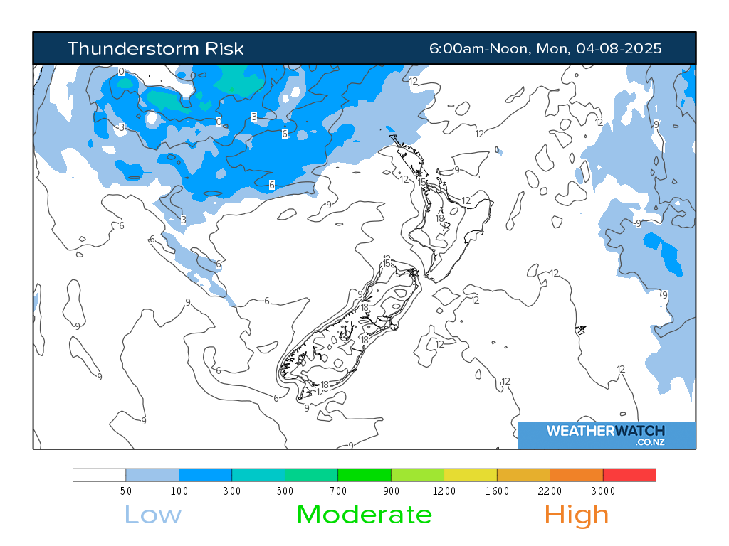 Thunderstorm risk for 6:01am on Mon 4 August 2025