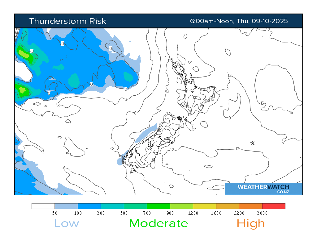 Thunderstorm risk for 7:01am on Thu 9 October 2025