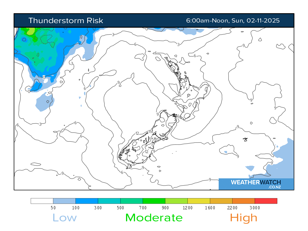 Thunderstorm risk for 7:01am on Sun 2 November 2025