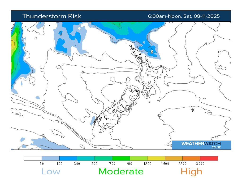 Thunderstorm risk for 7:01am on Sat 8 November 2025