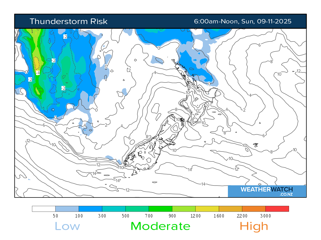 Thunderstorm risk for 7:01am on Sun 9 November 2025