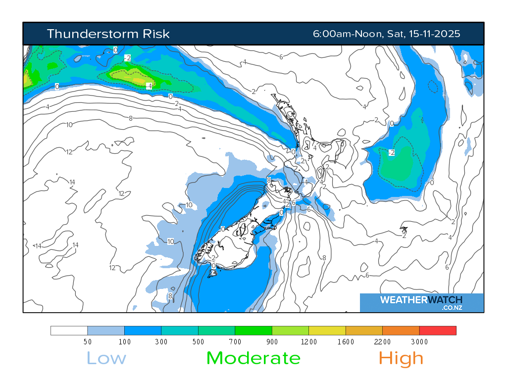 Thunderstorm risk for 7:01am on Sat 15 November 2025
