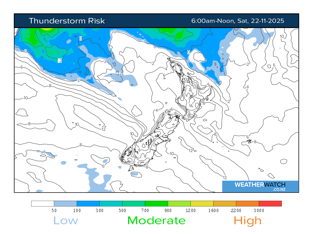Thunderstorm risk for 7:01am on Sat 22 November 2025