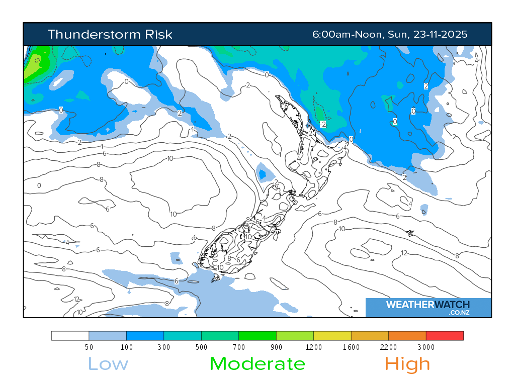 Thunderstorm risk for 7:01am on Sun 23 November 2025